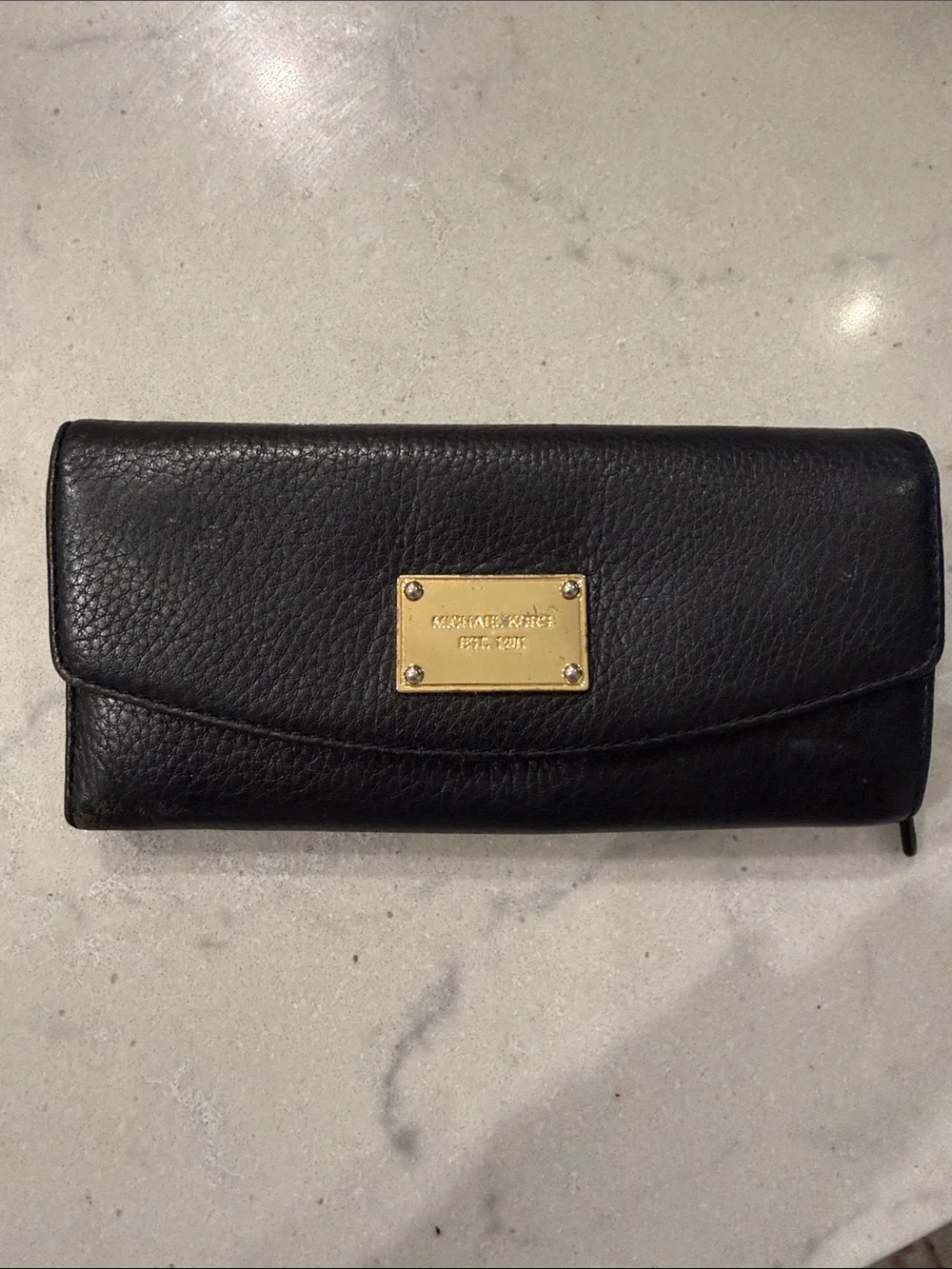Michael Kors Black Leather Continental Wallet with Gold Plaque Accent